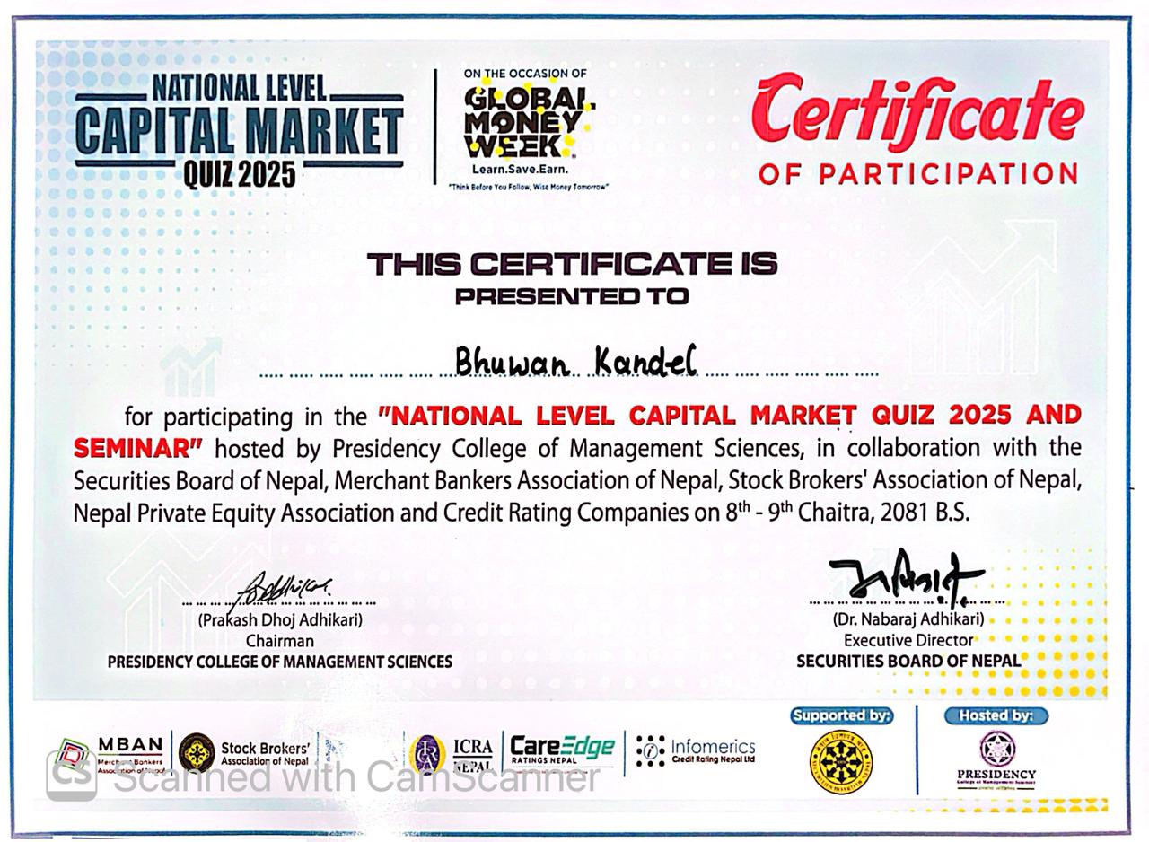Capital Market Quiz 2025 certificate