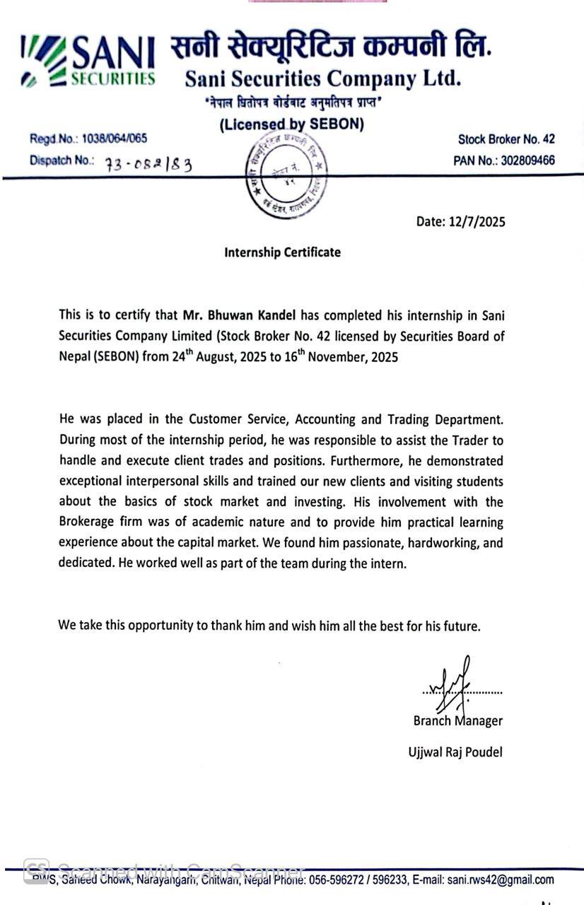 Sani Securities internship certificate